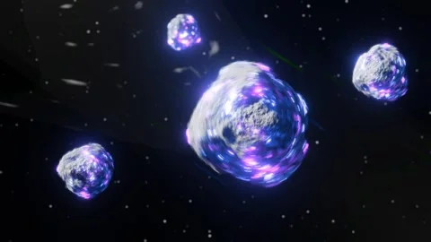 Asteroids flies through space to the Earth. Seamless loop 3d animation. Outer Video stock 255659005