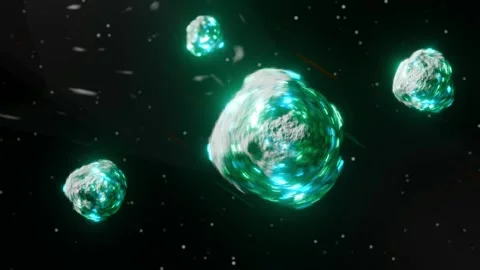 Asteroids flies through space to the Earth. Seamless loop 3d animation. Outer Stock Footage 256029403