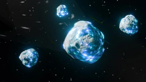 Asteroids flies through space to the Earth. Seamless loop 3d animation. Outer Stock Footage 267557063