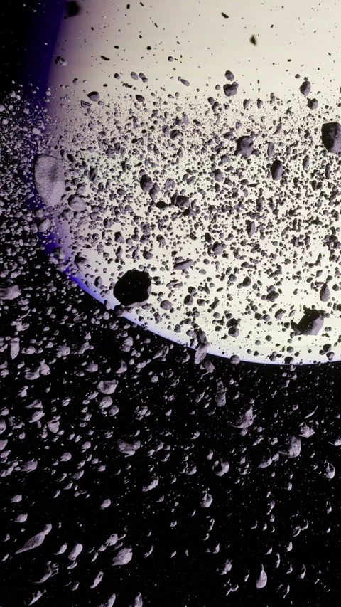 Asteroids floating in the dark expanse near a massive planets ring Stock Footage 331825934