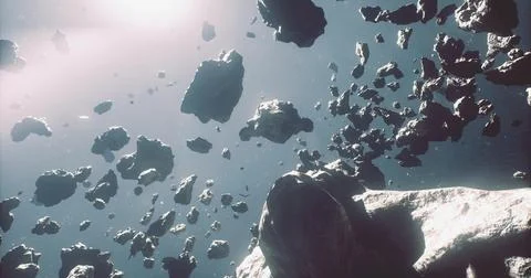 Asteroids floating in space with bright cosmic background and light rays Stock Illustration