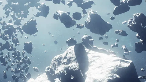 Asteroids floating in space with bright light in background Stock Footage 345063053