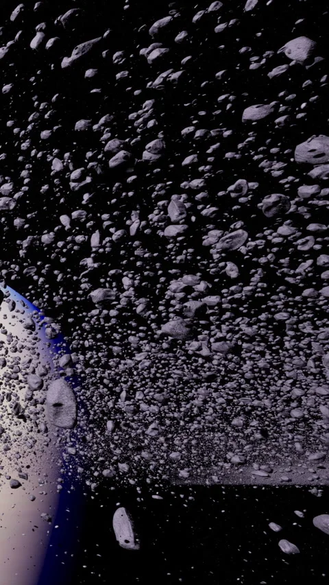 Asteroids floating in space with dark background and blue light Stock Footage 337893402