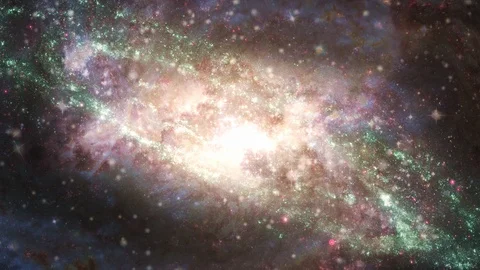Asteroids Fly Across Bright Glowing Galaxy with Swirling Nebula Star Dust Stock Footage 117239911