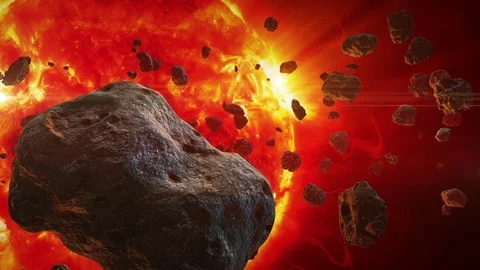 Asteroids fly in space against the background of the red giant, visible Vídeo Stock 85418479
