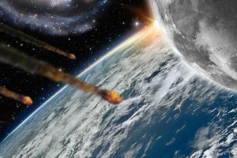 Asteroids flying over planet earth Stock Illustration