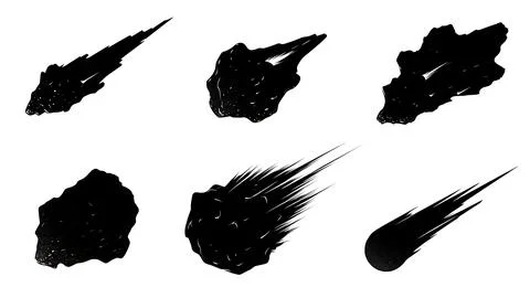 Asteroids, Meteors, and Comets Black Solid Silhouettes Set 스톡 일러스트