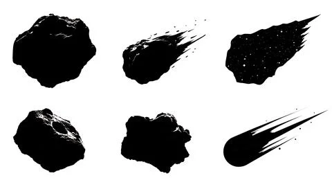 Asteroids, Meteors, and Comets Black Solid Silhouettes Set 스톡 일러스트