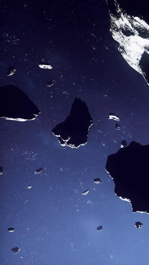 Asteroids move in the dark space near distant stars and planets Stock Footage 339956406