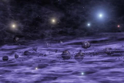 Asteroids or meteorites in space nebula. Deep space image Stock Illustration