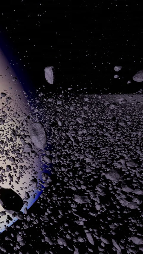 Asteroids orbiting a planet in space during a dark cosmic scene Stock Footage 341051832