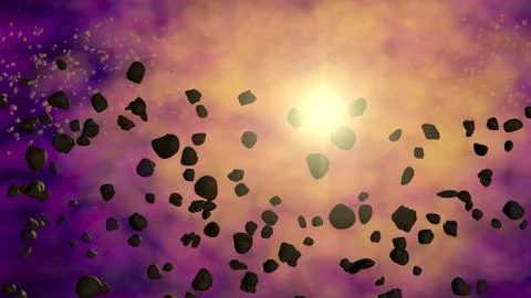 Asteroids orbiting Star. 3d render. Corner view Stock Illustration