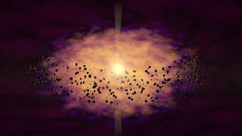 Asteroids orbiting Star. 3d render. Wide view Stock Illustration
