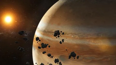 Asteroids in space flying around jupiter Illustrazione stock