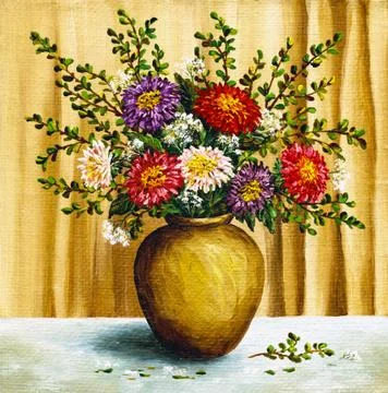 Asters in a clay pot Stock Illustration