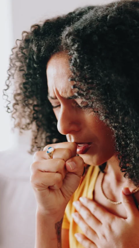 Asthma, coughing or sickness and woman in home with symptoms of chest or Stock Footage 307470267