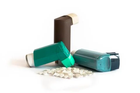 Asthma Medication including Inhalers and Pills Stock Photos