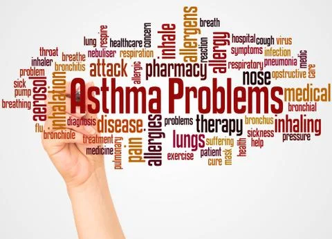 Asthma problems word cloud and hand with marker concept Stock Photos