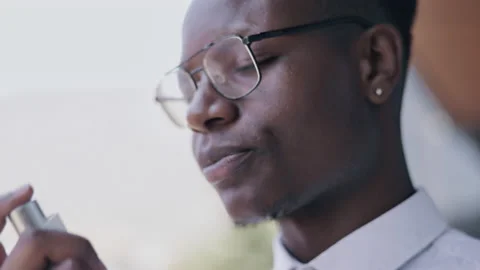 Asthma pump, inhaler and black man with breathing, medical or health problem Stock Footage 236168992