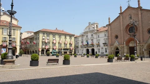 Asti, pan view on one of the main squares of Asti, Cuneo, Italy Stock Footage 93581277