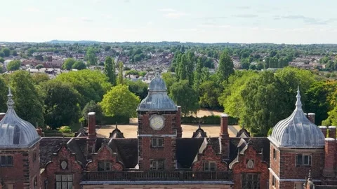 Aston Hall Birmingham drone ascent reveals Jacobean clock tower, turrets and Stock Footage 344092941