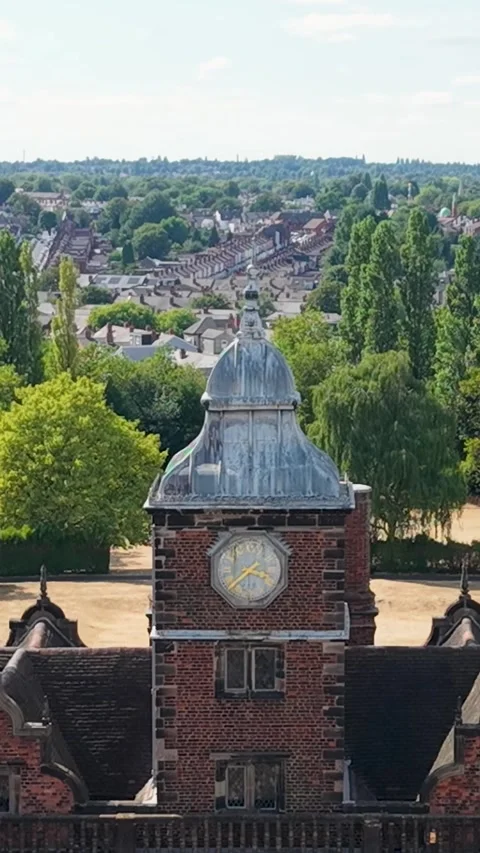 Aston Hall Birmingham drone ascent reveals Jacobean clock tower, turrets and Stock Footage 344094275