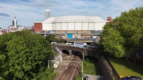 Aston Villa Parade Buses Cross Bridge Utilita Arena Birmingham Aerial 4K Video stock 335431534