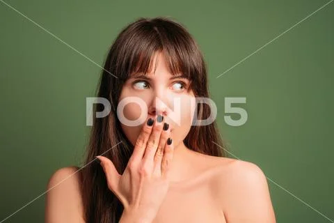 Astonished curious terrified emotion lady portrait Stock Photos