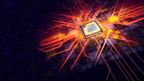 An astonishing 3d illustration of a square CPU tablet sparkling with produced Stock Illustration