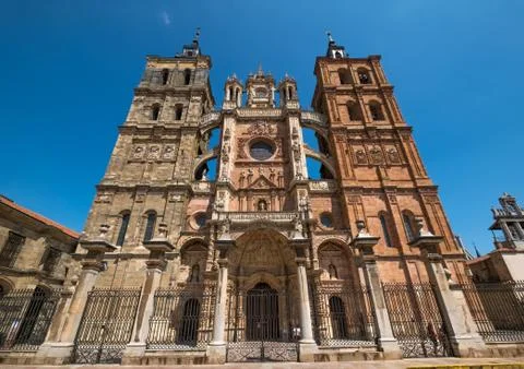 Astorga Leon Spain Front view of the gothic main facade of the Saint Mary Stock Photos