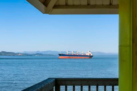 Astoria's viewing tower frames a passing ship Foto stock