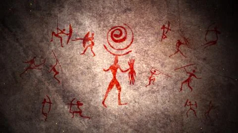 Astounding 3d illustration of primitive ancient people mural with arrows and  Stock Illustration