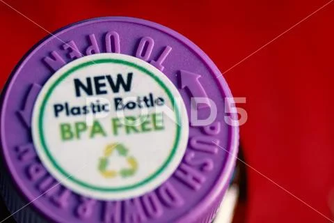 Astrakhan Russia, 02 Fed. 2019: Very closeup Bpa Free Green Stamp on the top of Stock Photos