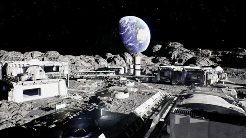 Astral resource station equipped with robotic diggers and conveyor systems Stock Footage 335593949