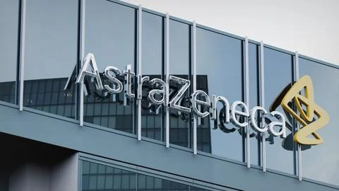 AstraZeneca Stock data presented on the logo of the office facade editorial Stock-Fotos