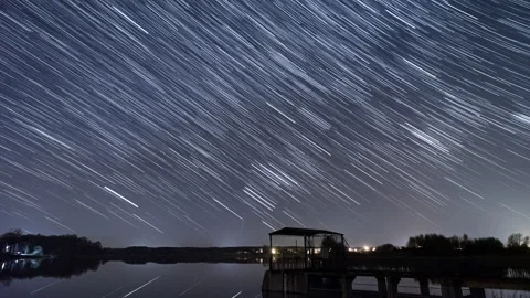 Astro Star Trails Time Lapse Over Lake Video stock 167855195