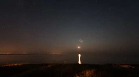 Astro Time Lapse Moon Setting with Milky Way Stars over Water Stock Footage 48612423