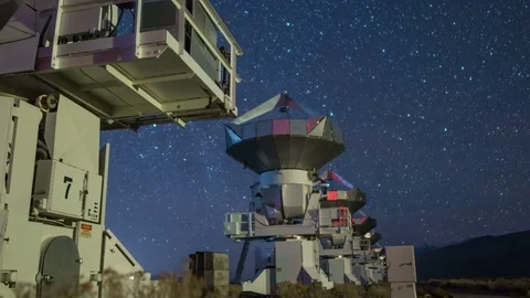 Astro Timelapse Tracking Shot of Starry Sky over Radio Telescope Array -Zoom Out Stock Footage 85207675