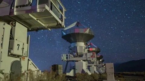 Astro Timelapse Tracking Shot of Starry Sky over Radio Telescope Array Long Shot Stock Footage 85208295