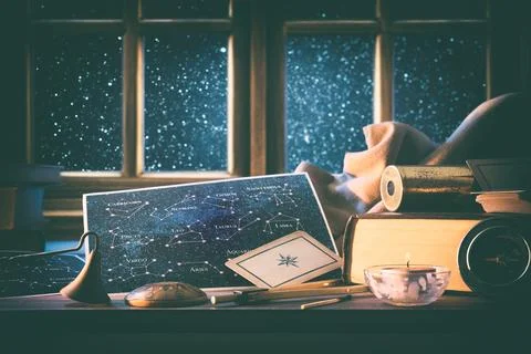 Astrological background with vintage objects and window with universe Stock Photos