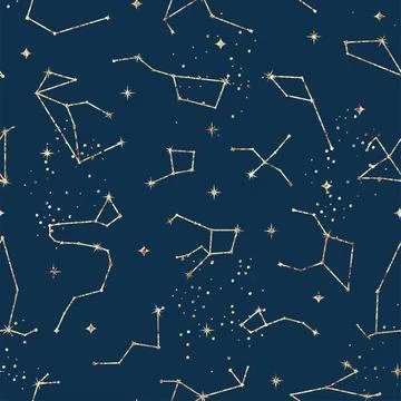 Astrological seamless pattern with stars and constellations. Gold foil textur Stock-Illustration