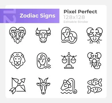 Astrological signs pixel perfect linear icons set Stock Illustration