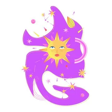 Astrological space psychedelic composition with sun, stars, constellations,.. Stock Illustration