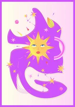 Astrological space psychedelic poster with sun, stars, constellations, abstra Stock Illustration