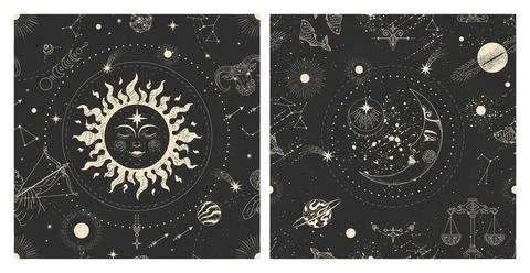 Astrology patterns. Moon, star and sun alchemy and celestial galaxy planets Stock Illustration