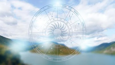 Astrology zodiac signs chart with constellations above a lake and mountains in Stock Photos