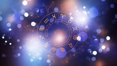 Astrology zodiac signs in a circular pattern with glowing background Stock Photos