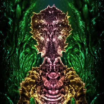 Astronaut alien insect sits in his ship in bionic suit. Science fiction origi Stock Illustration