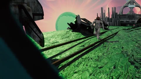 Astronaut on an Alien Planet, Dystopian Sci-fi Scene Stock Footage 311329397