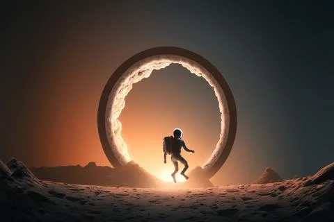 Astronaut on alien planet entering spacetime portal light. Stock Illustration